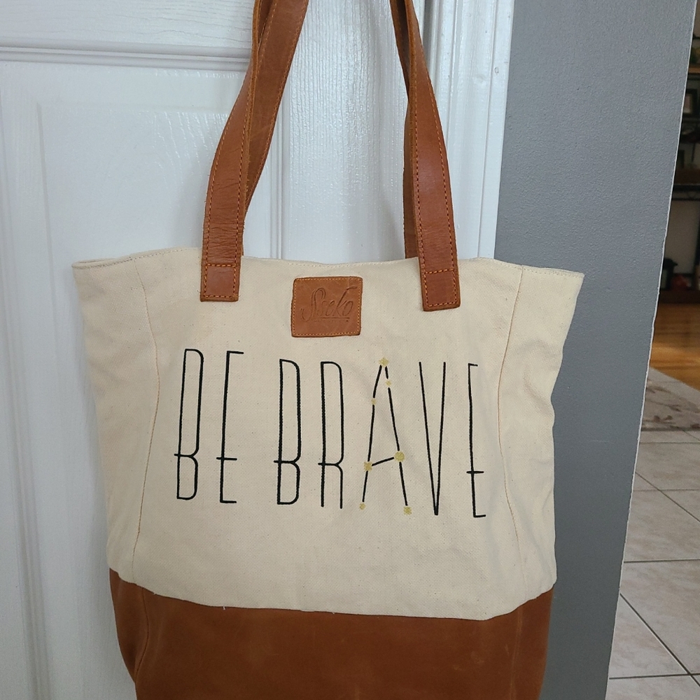 Sseko Tote Bag Shoppers Be Brave Brown Leather & Canvas.
